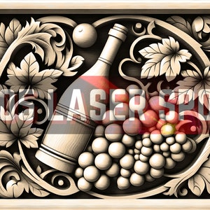 May include: A carved wooden panel with a detailed design of a wine bottle, grapes, and leaves. The bottle is brown and the grapes are a mix of red and white.