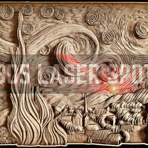 Fichier de conception numérique - Van Gogh Starry Night - Glowforge - Laser Ready - graver - SVG - 10 x 12,5 po. - gravure sur bois - illusion 3D