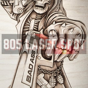 Archivo de diseño digital - Calavera de Bad Ass - Glowforge - Compatible con láser - Grabado - SVG - 10" x 6,5" - Grabado en madera - Ilusión 3D