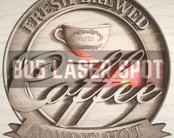Digital designfil - Kaffeskylt - Glowforge - Laserklar - Gravera - SVG - 25 x 25 cm - Trägravyr - 3D-illusion