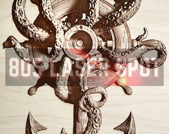 Digital Design File - Kraken Wheel Anchor - Glowforge - Laser Ready - Engrave - SVG - 10" x 6.7" - Wood Engraving - 3D Illusion