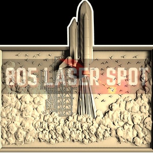 Digital Design File - Space Shuttle Launch 2 - Glowforge - Laser Ready - Engrave - SVG - 10&quot; x 10.5&quot; - Wood Engraving - 3D Illusion
