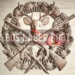 Digitale Designdatei - Jäger Medaillon - Glowforge - Laser Ready - Gravieren - SVG - 10"x 10.5" - Holzstich - 3D Illusion