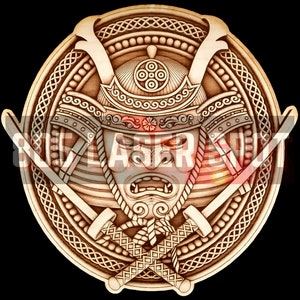 May include: A detailed wood carving of a samurai warrior's face with a helmet and crossed swords. The carving is in a circular frame with intricate designs.