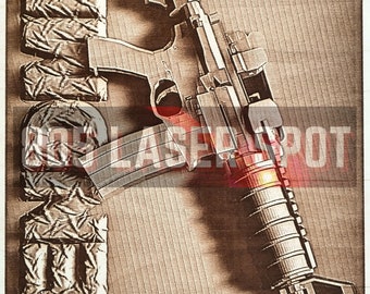 May include: A wood-burned image of a rifle with the word "LEGEND" above it and the words "3D LASER SPOT" below it.