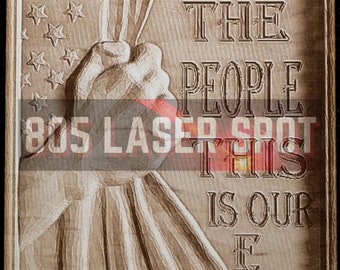 May include: A wooden sign with a hand pulling back a curtain to reveal an American flag. The sign reads "We the People This is Our Flag."