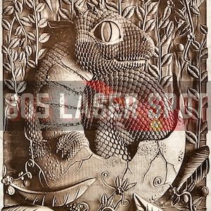 May include: A detailed wood carving of a baby dinosaur hatching from an egg surrounded by leafy vines.