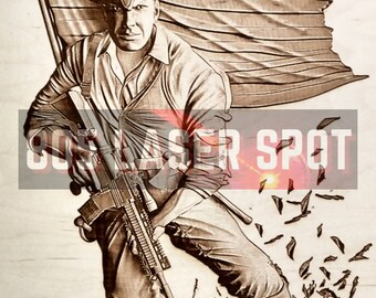 May include: A wood carving of a soldier in a tricorn hat holding a rifle, standing in front of an American flag. The carving is titled "American Patriots Defending the Homeland Since 1775...Will You?"