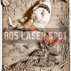 Digital Design File - Shark - Glowforge - Laser Ready - Engrave - SVG - 10&quot; x 6.7&quot; - Wood Engraving - 3D Illusion
