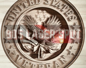May include: A wooden plaque with a carved image of an eagle holding an American flag. The plaque is circular and has the words "United States Veteran" around the edge.