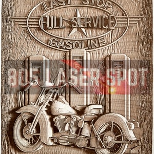 Digital Design File - Motorcycle Gas Stop - Glowforge - Laser Ready - Engrave - SVG - 10&quot; x 8&quot; - Wood Engraving - 3D Illusion