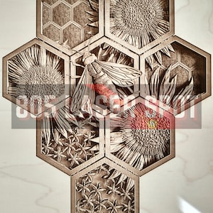 Digitaal ontwerpbestand - Bee Honeycomb - Glowforge - Laser Ready - Graveren - SVG - 10 "x 8" - Houtgravure - 3D Illusie