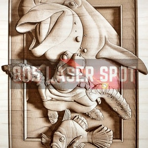 Digitale Design Datei - Delfin Schildkröte und Fisch - Glowforge - Laser Ready - Gravieren - SVG - 10"x 8.3" - Holzgravur - 3D Illusion
