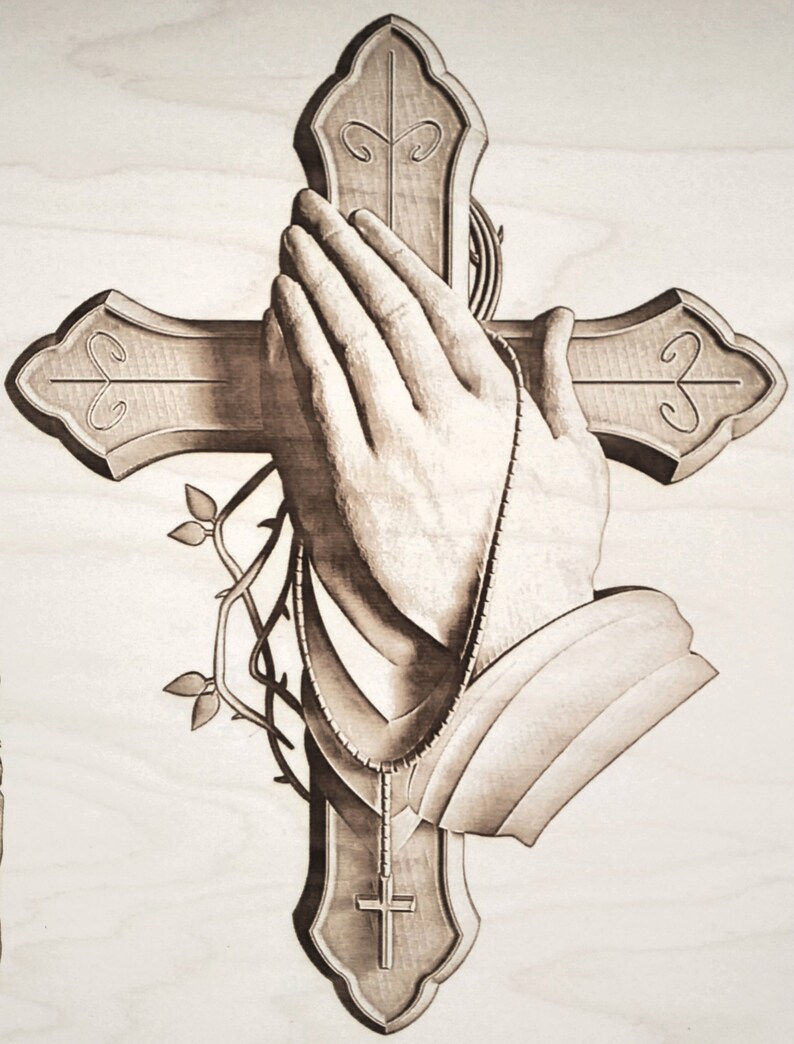 Glowforge SVG Wood Engraving 3D Illusion 10 x 7.5 Digital Design File Laser Ready Engrave Worship Hands Cross