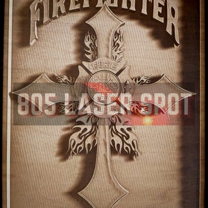 Digital Design File - Firefighter Cross - Glowforge - Laser Ready - Engrave - SVG - 10&quot; x 8&quot; - Wood Engraving - 3D Illusion