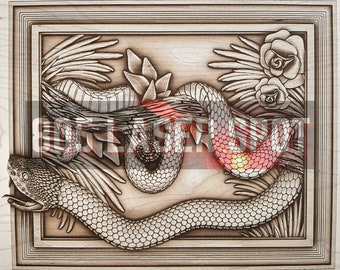 Digital Design File - Snake In Frame - Glowforge - Laser Ready - Engrave - SVG - 10" x 12.5" - Wood Engraving - 3D Illusion