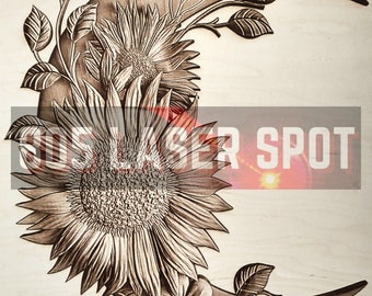Digital Design File - Moon And Sunflower - Glowforge - Laser Ready - Engrave - SVG - 10" x 8.6" - Wood Engraving - 3D Illusion