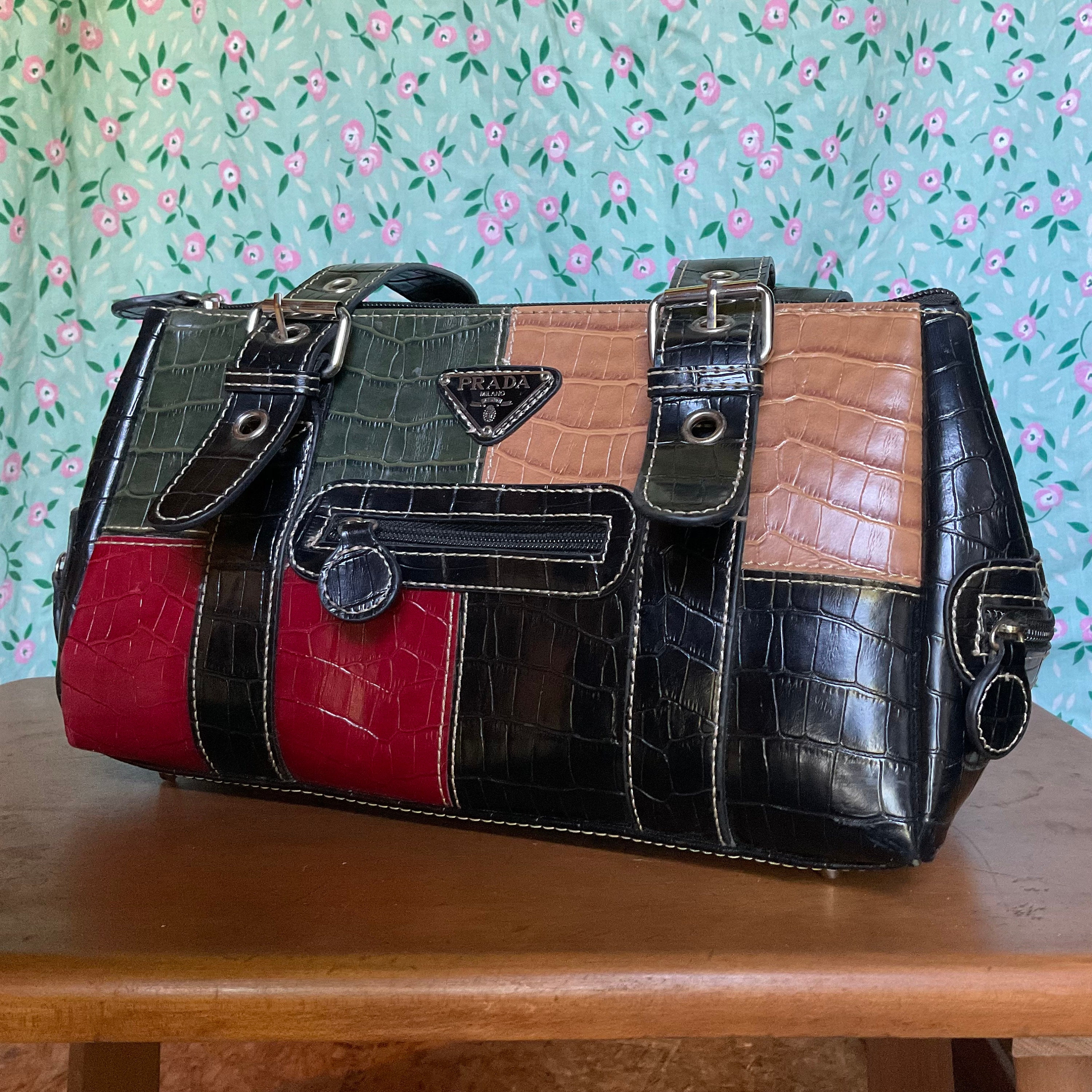 Patchwork Prada Hand Bag, Red, Brown, Black, Green Patchwork Prada Hand Bag, Red, Brown, Black, Green