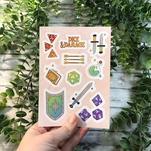 Dice and Damage Dungeons and Dragons TTRPG A6 Vinyl Sticker Sheet Journal Decoration