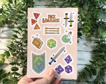 Dice and Damage Dungeons and Dragons TTRPG A6 Vinyl Sticker Sheet Journal Decoration