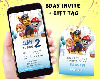 Puppy Patrol Digital Invitation + Return gift tags - P Patrol Birthday invite, Flash party, Superhero birthday card,