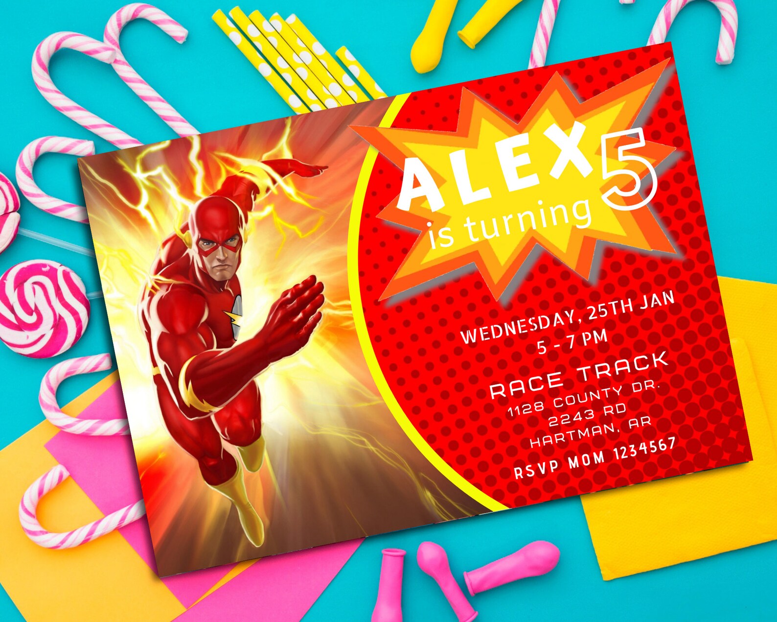 Digital Invitation Flash Birthday, Flash Party, Superhero Birthday Card