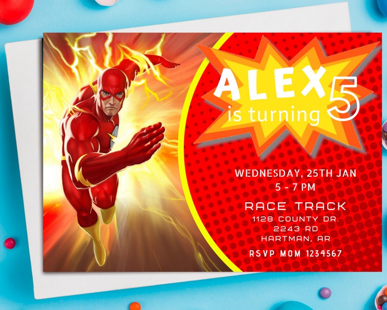Digital Invitation Flash Birthday, Flash Party, Superhero Birthday Card