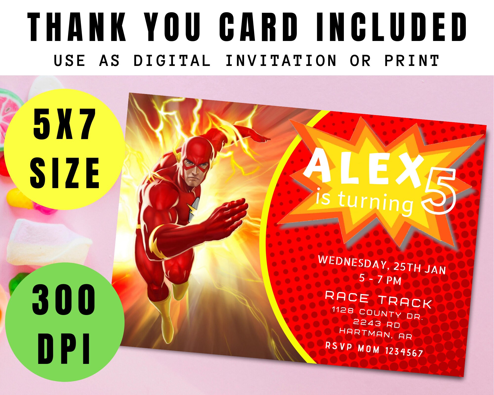 Digital Invitation Flash Birthday, Flash Party, Superhero Birthday Card