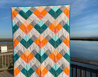 Seeing Double Quilt Throw in Blues, Oranges and Grays