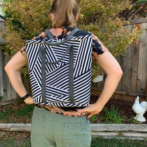 Geometric Striped Canvas Backpack Purse: Rainbow Zip-Top, Starry Interior