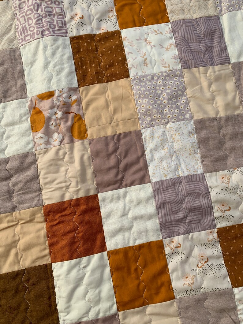 Purple, Orange, and Neutral Scrap Fabric Patchwork Quilt, Gender Neutral image 6