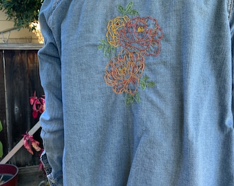 Hand Embroidered Peony Flower Denim Shirt, Women's Size XL Extra Large