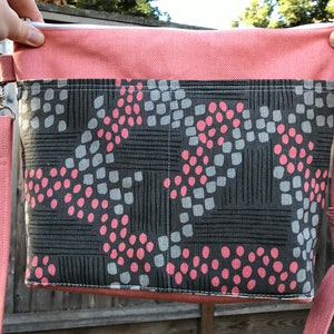 Hillside Tote Crossbody Purse made with gray and coral Cotton + Steel Imagined Landscapes Canvas