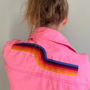 Hand Embroidered Rainbow Looper Hot Pink Denim Jacket, Women&#39;s Small or Medium