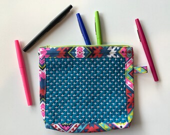 Sashiko Stitched Embroidered Zip Top Pouch with Pocket for pencils, makeup, cords, projects