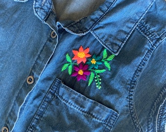 Hand Embroidered Neon Flowers on Knotted Denim Bleached Shirt, Girl's or Kid's Size Large L