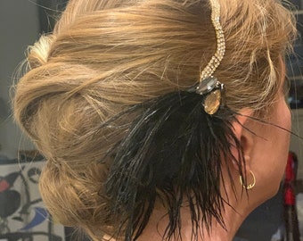 Black feather hair piece, Art Deco inspired flapper headband, 1920s Great Gatsby Headpiece