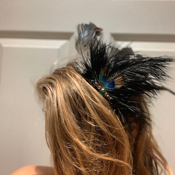 Peacock Feathered Hair-comb ~ Jeweled Peacock Hairpiece ~ Flapper  inspired Hair Accessory