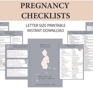Puede incluir: Un conjunto de listas de verificación imprimibles para el embarazo, que incluyen una lista de verificación para la bolsa del hospital, listas de verificación trimestrales, artículos esenciales para recién nacidos y consejos para los nuevos papás. Las listas de verificación están diseñadas con un fondo gris claro y acentos florales.