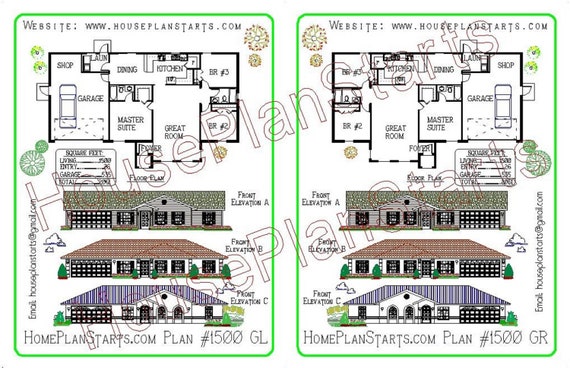 Houseplanstarts 1500 Sf House Plan Starter Kit 3 Br 2 Bath Split Plan Garage Right And Garage Left Flyers Sample Dimensioned Floor Plan