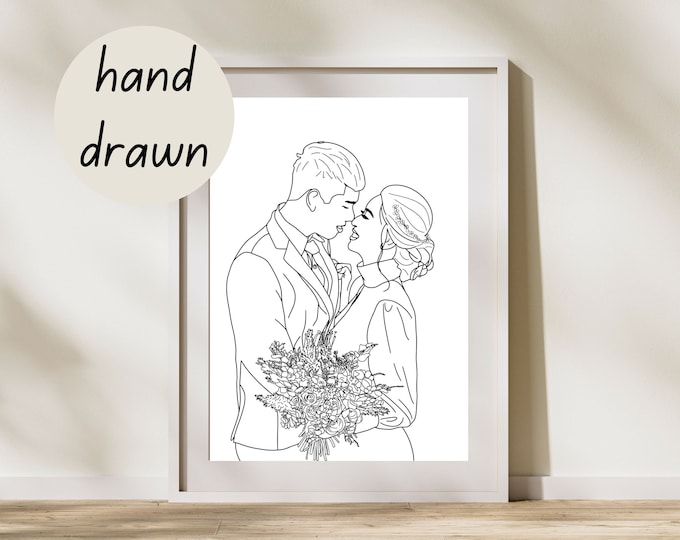 Custom Couple Portrait Illustration, Newlywed  Drawing from Photo, Personalized Art Print Wedding Gift