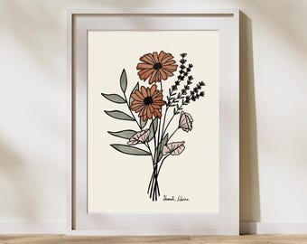 Watercolor Wildflower Cottagecore Painting, Flower Nursery Wall Art Decor, Botanical Prints, Boho Flower Bouquet Art Print