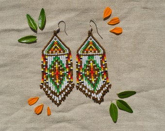 Handmade Beaded Earrings in Brown, White, Green. Geometric peyote