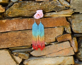 Handmade beaded earrings, Statement earrings, long dangler earrings, peyote stitch earrings,feather earrings, nature beach coral earrings.