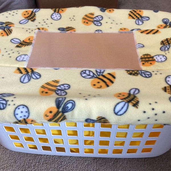 SHIPS FREE Whelping Laundry Basket Cover - Liner and Topper Set for Litters - Optional Pad - Happy Bees with Yellow Liner