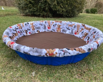 MEDIUM Fleece Whelping Pool Cover - Lotsa Cute Dogs on White with Brown Bottom