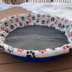 SHIPS FREE! LARGE Fleece Whelping Pool Cover - Red, Black, and Gray Paw Prints - Gray Bottom