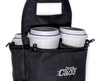 Portable Drink Carrier and Reusable Coffee Cup Holder - 4 Cup Collapsible Tote Bag with Organizer Pockets Safely Secures Beverages