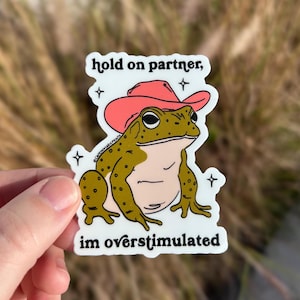 May include: A sticker featuring a cartoon toad wearing a pink cowboy hat. The toad is sitting with its legs crossed and has a light brown body with dark brown spots. The sticker says "hold on partner, im overstimulated".