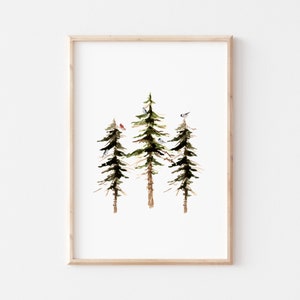 Watercolor Pine Trees Print, Christmas Tree Printable, Holiday Wall Art, Winter Birds Print, Farmhouse christmas DIGITAL DOWNLOAD image 2